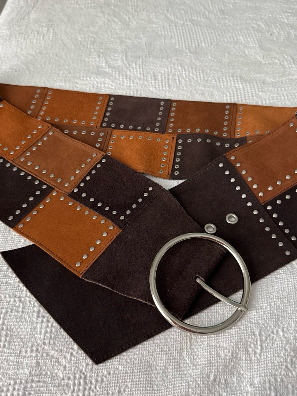 Michael Kors Studded Patchwork Wide Leather Belt - Brown & Tan
